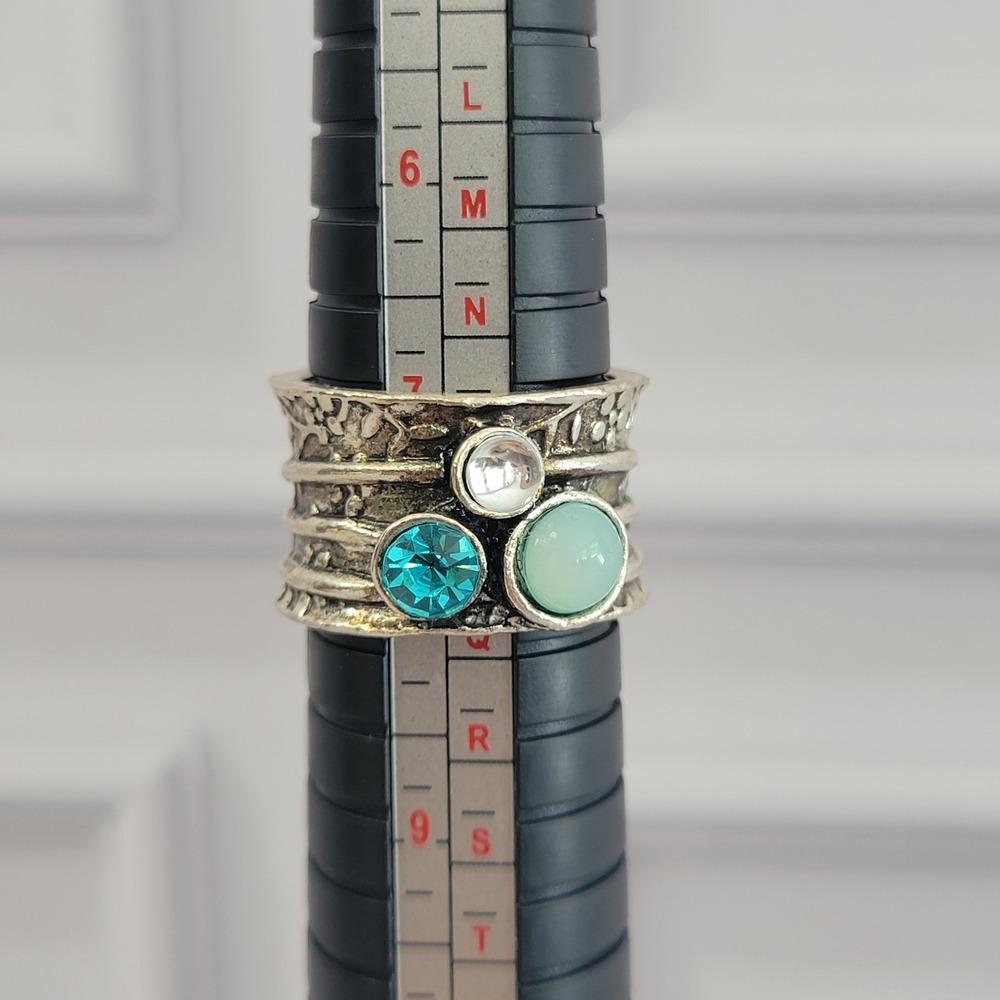 Modern Art Ring Size 7 Blue Bezel Set Crystals Textured Silver Tone Wide Band
